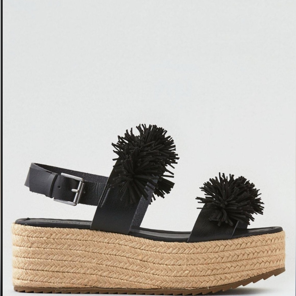 American Eagle Outfitters Black Pom Pom Platform Sandals